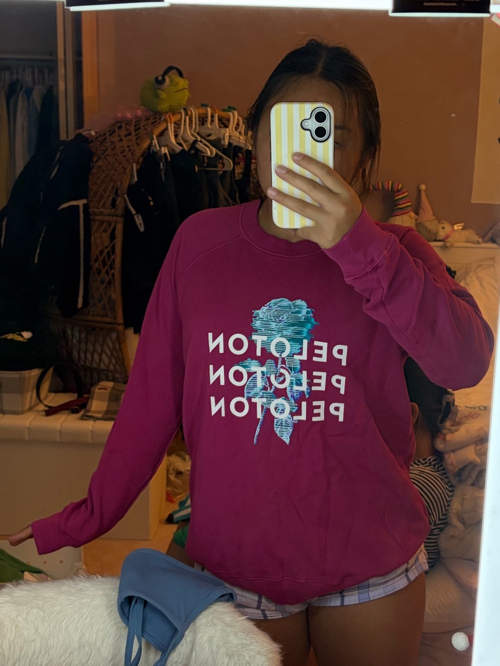 Peloton Magenta Graphic Crewneck Sweatshirt with Teal Rose Print
